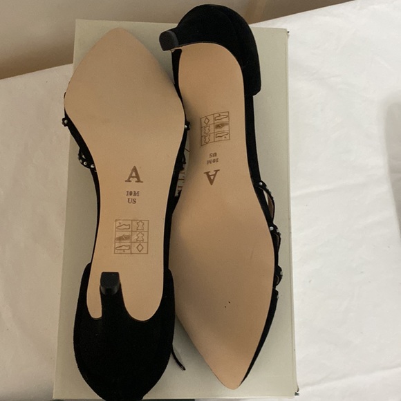 Anthropologie Pointed T-Strap Black Suede Rhinestone Heels - Picture 7 of 15